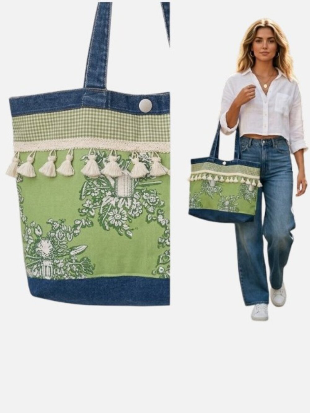 Handmade Artisan Denim Toile Tote Bag Green Floral Tassel Trim Gingham Lined OS - Picture 1 of 7